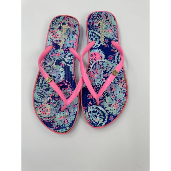 Lilly Pulitzer Oyster Bay You've Been Spotted Flip Flops With Pink Straps & Blue - Picture 2 of 9